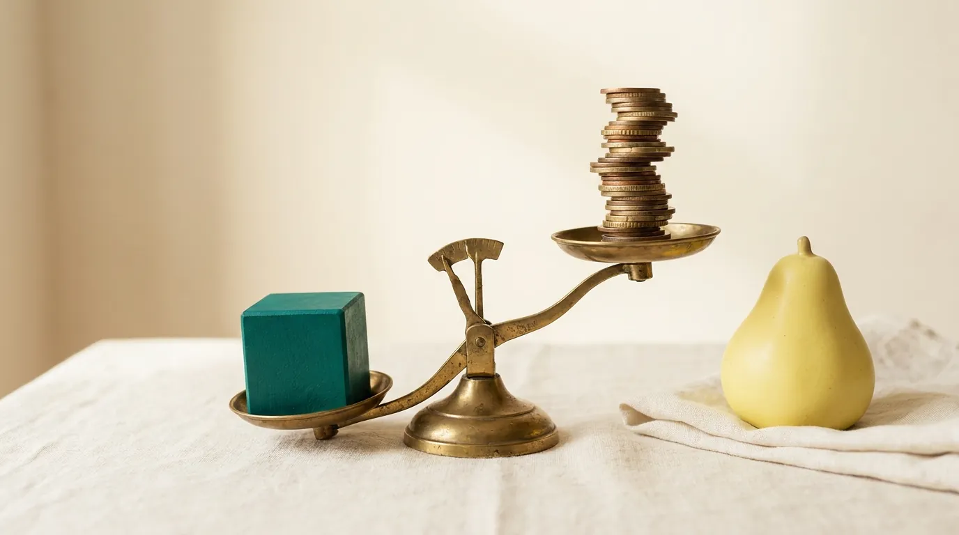 Deux blocs métaphoriques sur une balance abstraite, un petit cube ambre faisant pencher la balance face à un grand empilement bleu plus lourd en apparence